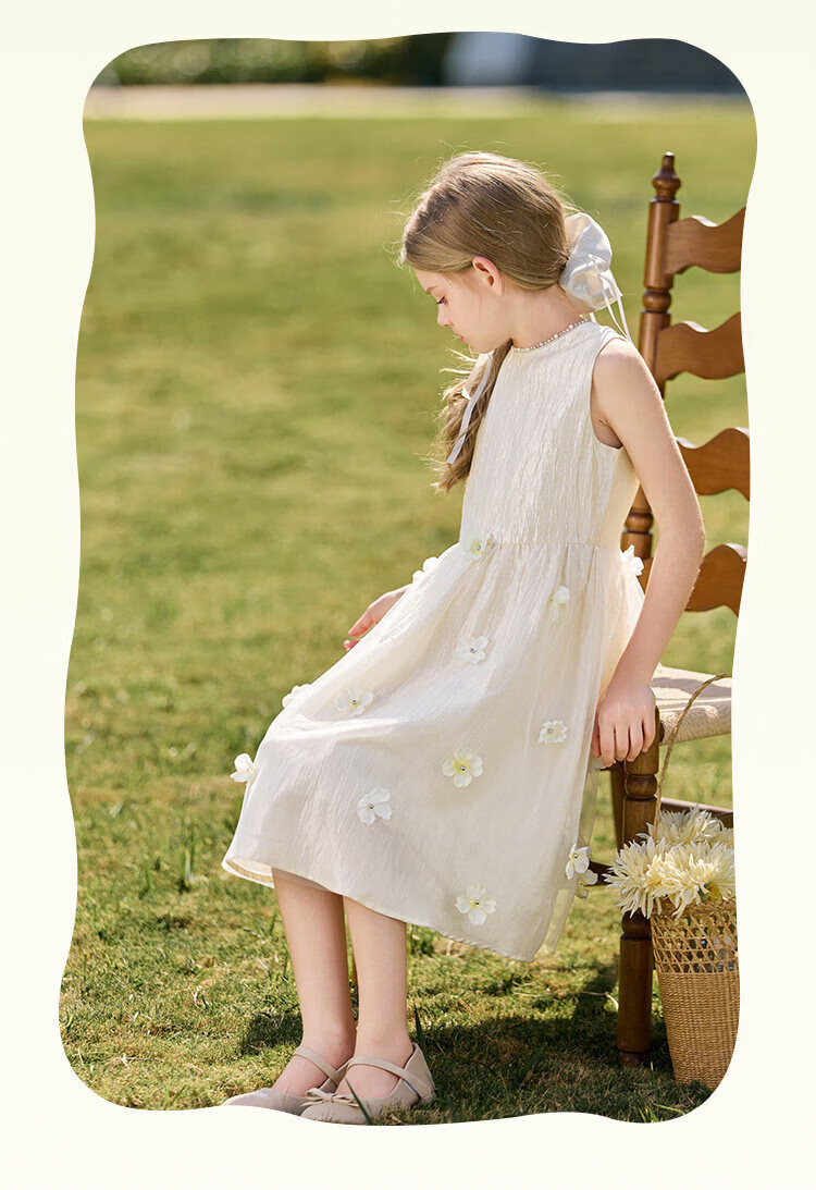 CHANZUIGOU Girls' French High-End Princess Dress 2026 Summer New Stylish Round Neck Floral Satin Dress 23